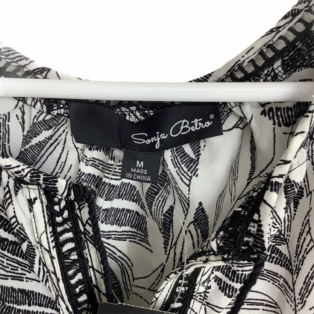 Sonja Betro Black & White Tassel Tie Leaf Blouse M - Picture 7 of 9